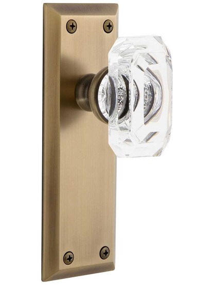 Grandeur Fifth-Avenue Door Set with Clear Crystal-Glass Baguette Knobs in Antique Brass.
